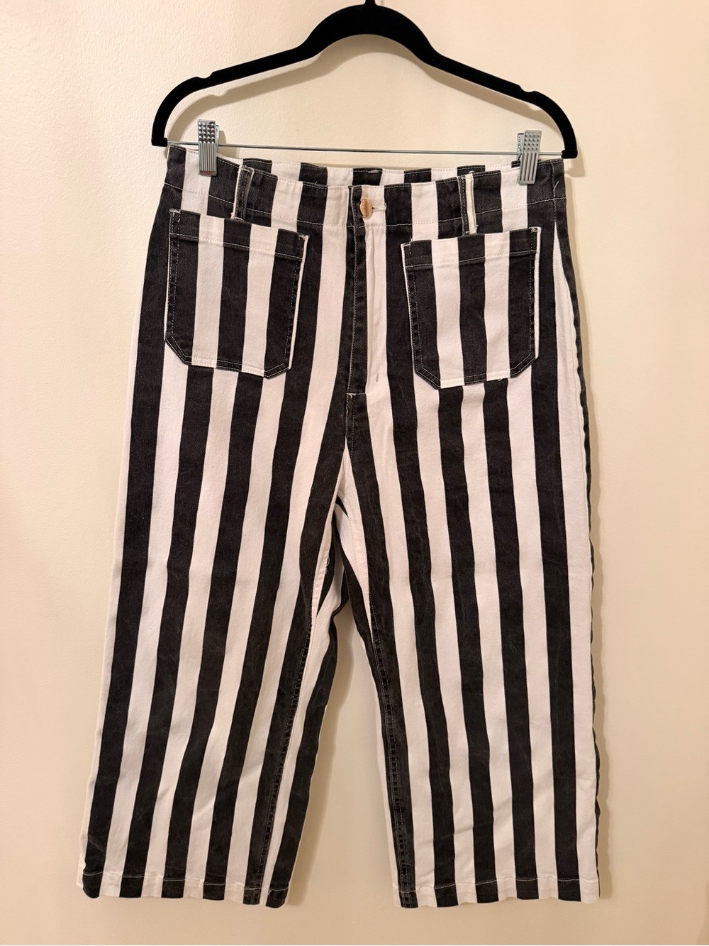 Tankaneo Black White Striped Cropped Wide Leg Jeans High Waist, Size 12
